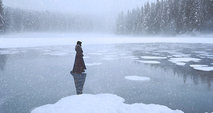 A frozen lake on a snowy day, a mysterious figure walks across the ice